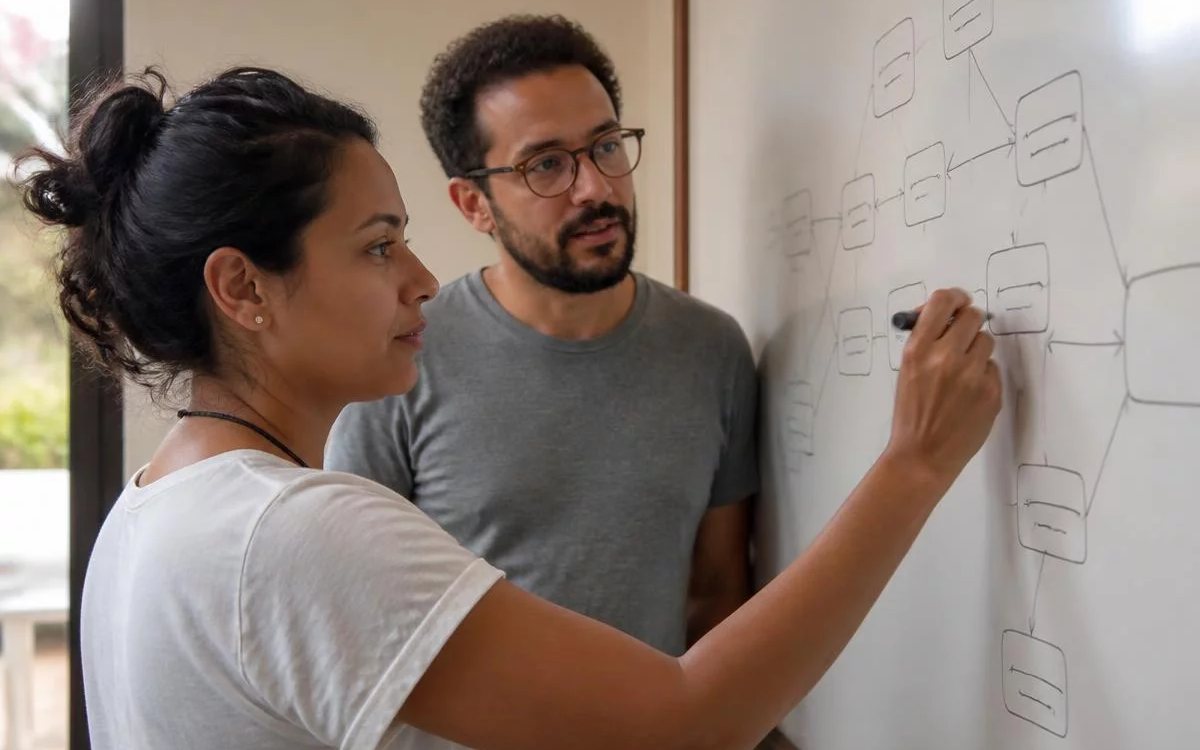 Dupla em pé diante do quadro branco, com um argumento rascunhado a caneta
