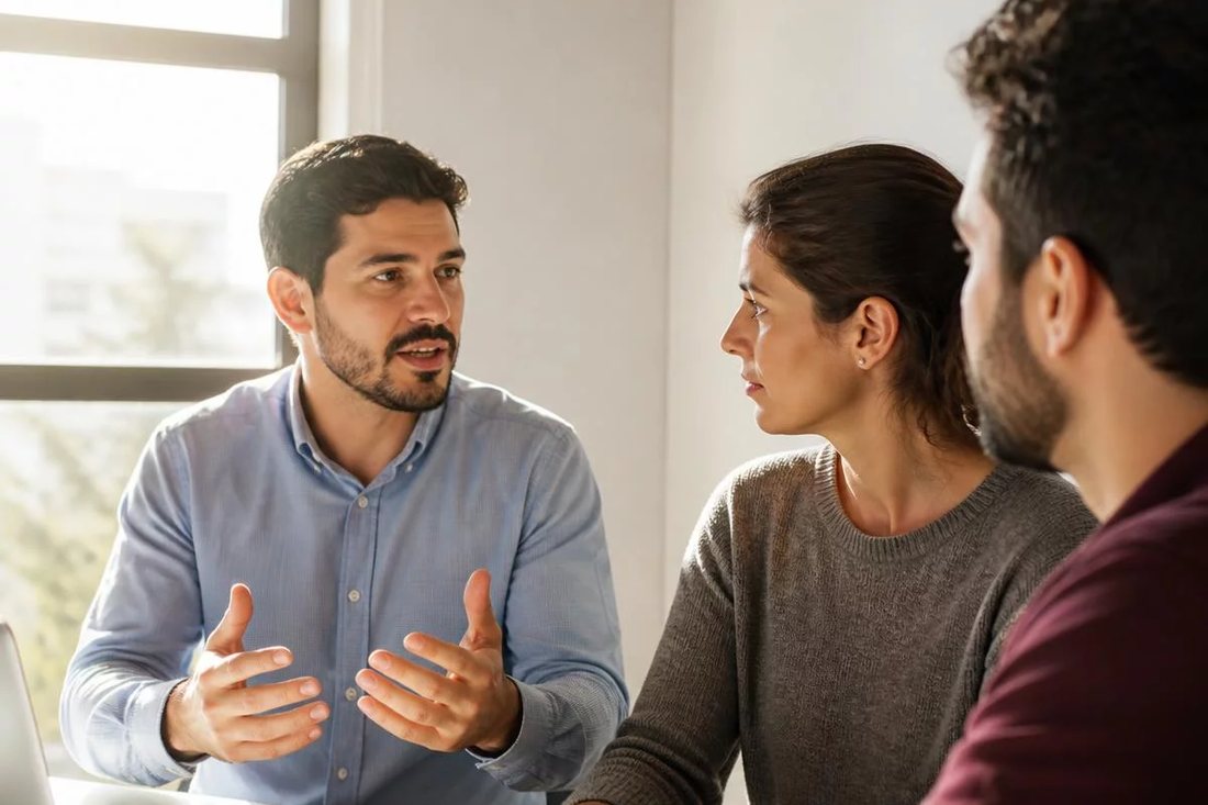 Participante falando de pé enquanto o restante da turma acompanha sentado